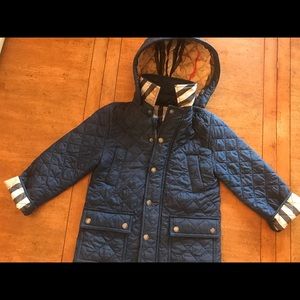 Burberry Navy Quilted Hooded Kids Coat with Check Lining